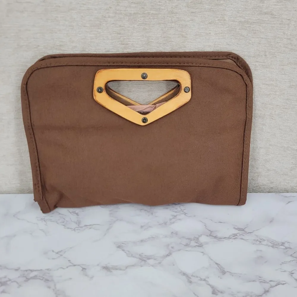Vintage Brown Suede and Canvas Clutch Bag with Wooden Handles